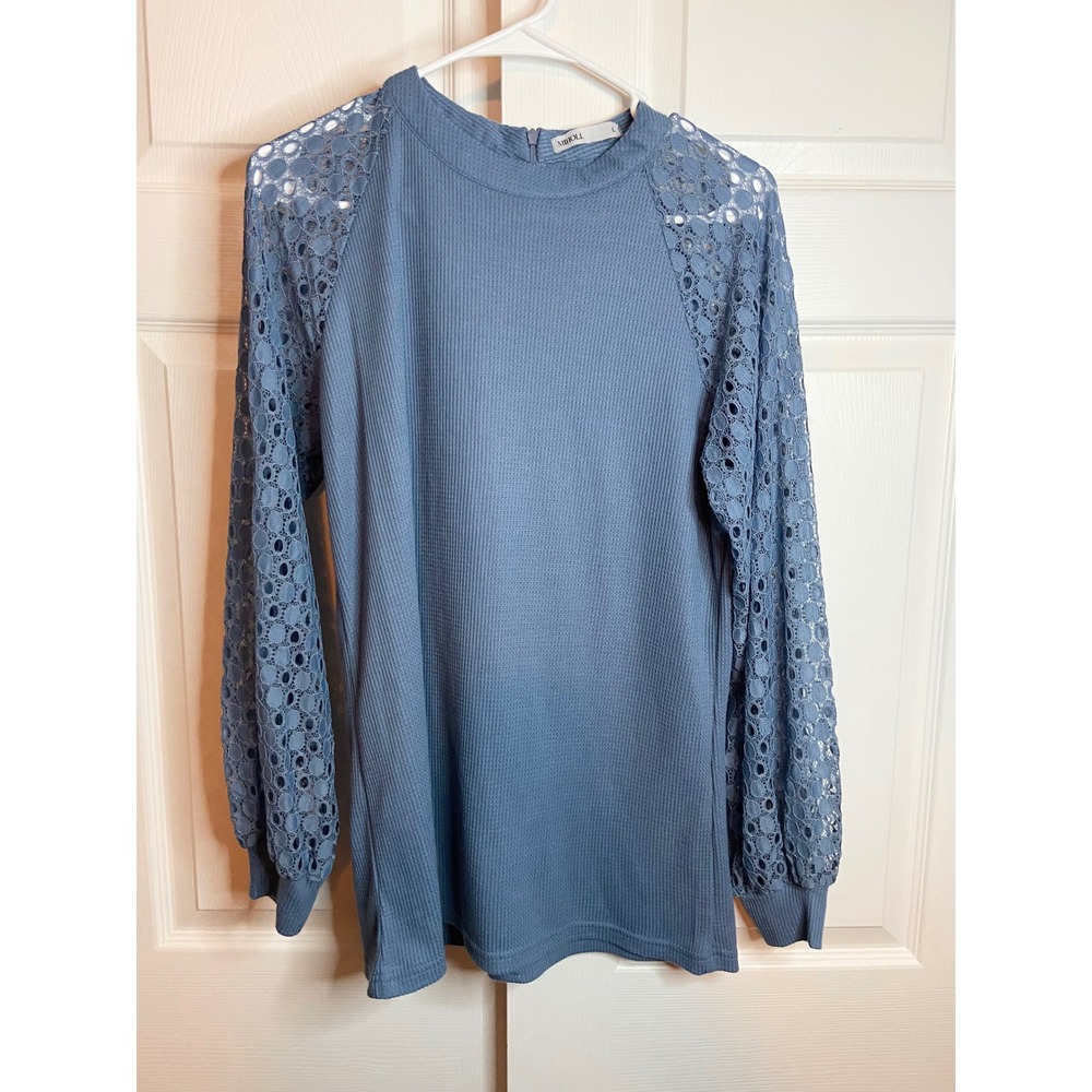 Miholl Blue Waffle Knit Mock Neck Long Puff Sleeve Lace Top